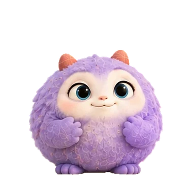 Mimmi, ein rundes, flauschiges lila Wesen mit zwei kleinen rosa Hörnern, lächelt.