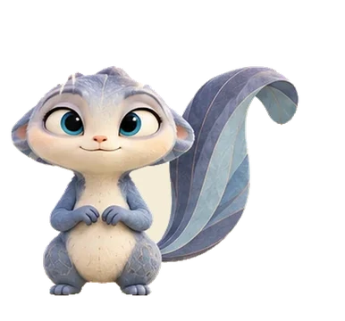 Sula, ein blaugraues Wesen, fast wie ein Eichhörnchen, mit einem großen, eingerollten Schwanz.